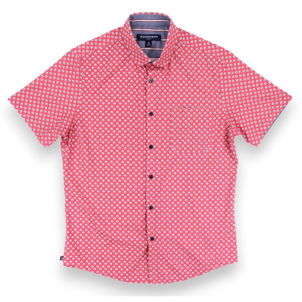 Mizzen+Main Leeward Shirt Mens Medium Trim Red Geometric Short Sleeve Button Up